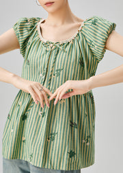 Striped Green Print Lace Up Cotton Shirts Summer