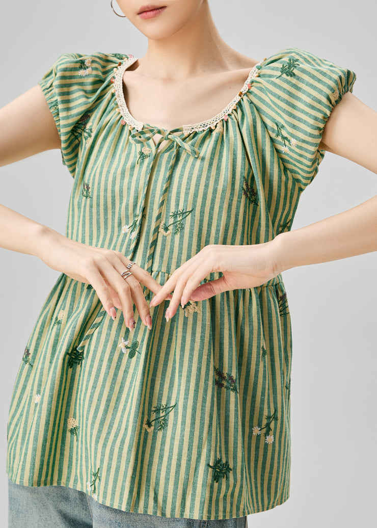 Striped Green Print Lace Up Cotton Shirts Summer