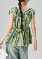 Striped Green Print Lace Up Cotton Shirts Summer