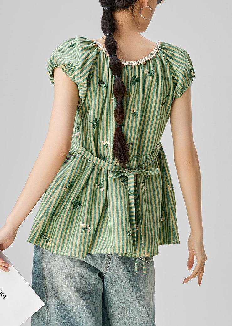 Striped Green Print Lace Up Cotton Shirts Summer