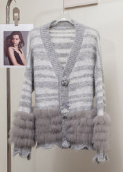 Striped Grey Floral Fox Fur Patchwork Knit Cardigans Winter