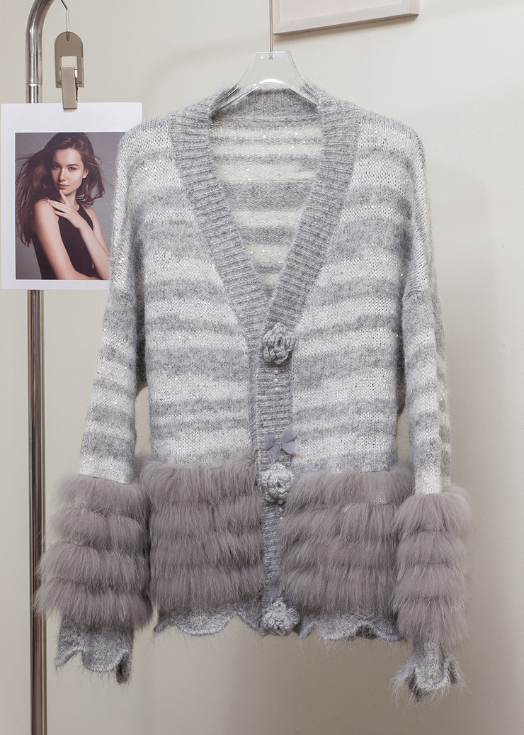 Striped Grey Floral Fox Fur Patchwork Knit Cardigans Winter