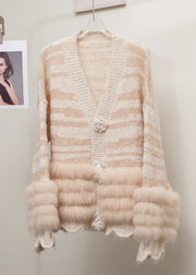 Striped Grey Floral Fox Fur Patchwork Knit Cardigans Winter
