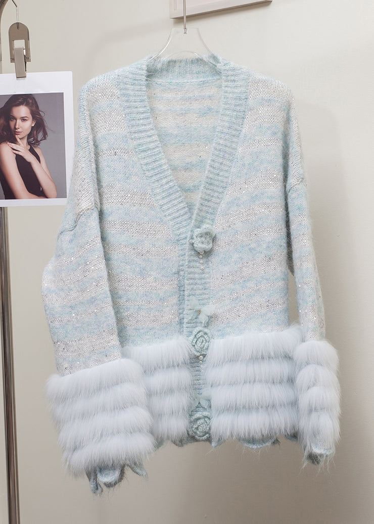 Striped Grey Floral Fox Fur Patchwork Knit Cardigans Winter