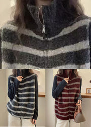 Striped Grey Zippered Patchwork Knit Waistcoat Sleeveless