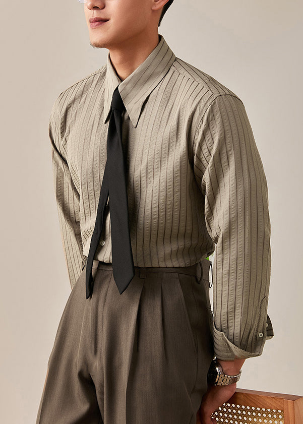 Striped Khaki Peter Pan Collar Button Cotton Shirt Men Fall