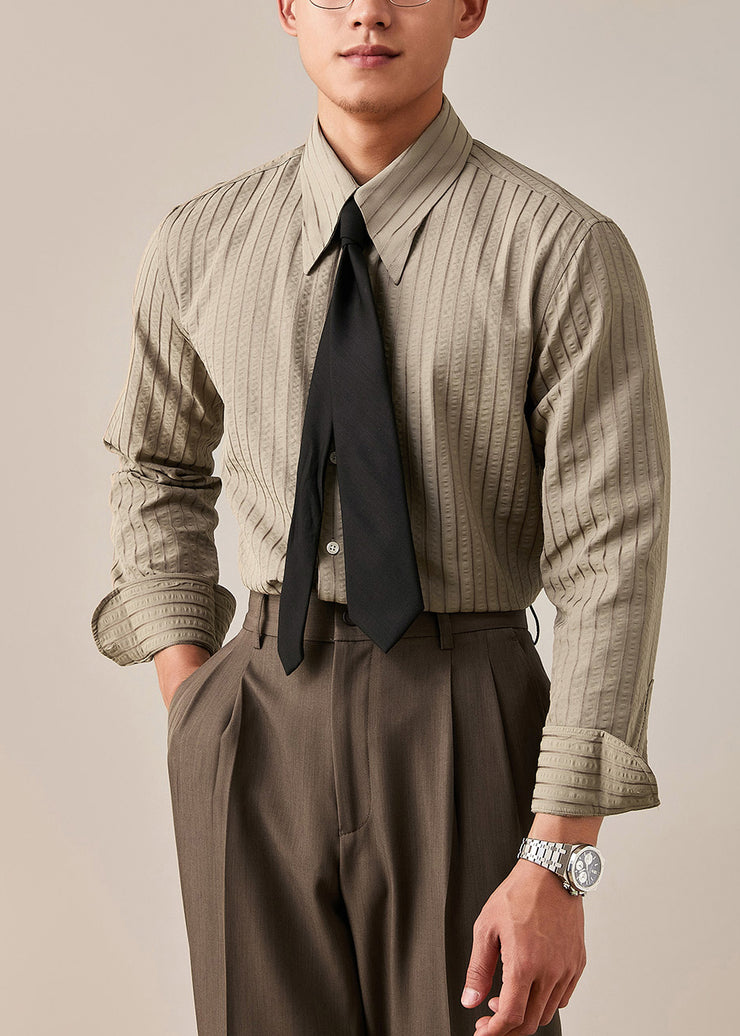 Striped Khaki Peter Pan Collar Button Cotton Shirt Men Fall