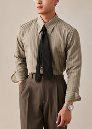 Striped Khaki Peter Pan Collar Button Cotton Shirt Men Fall