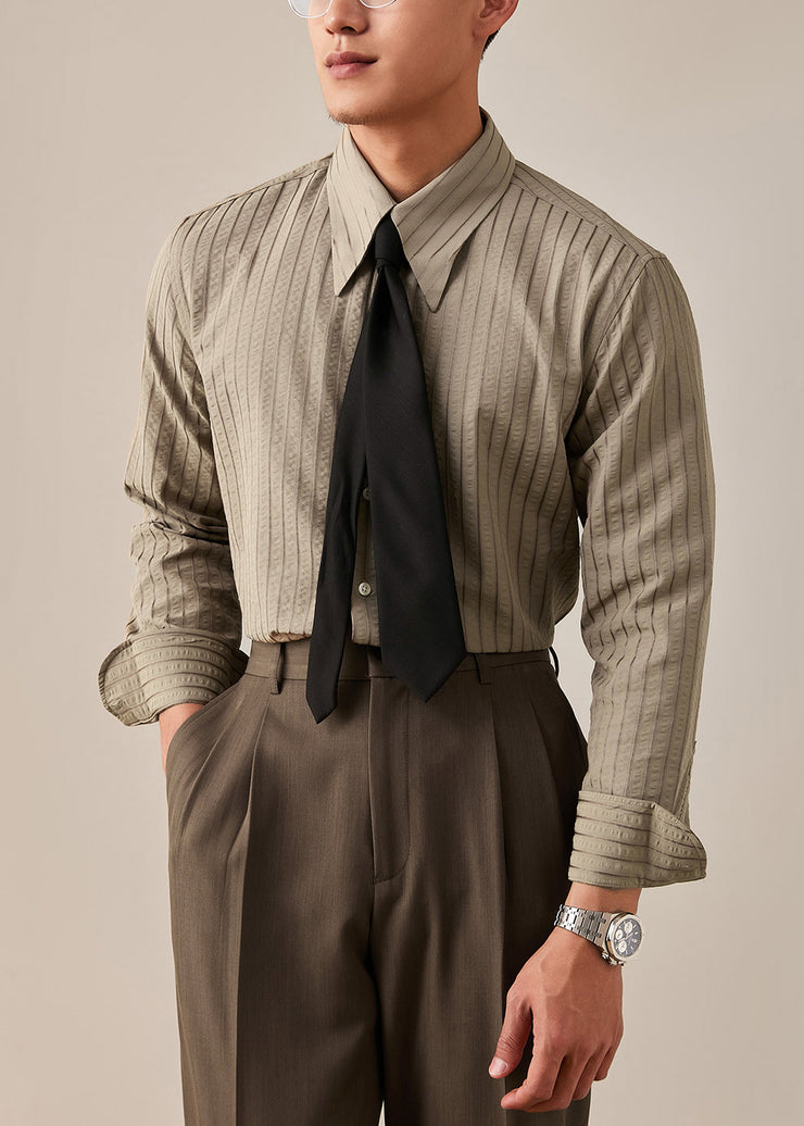 Striped Khaki Peter Pan Collar Button Cotton Shirt Men Fall