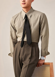 Striped Khaki Peter Pan Collar Button Cotton Shirt Men Fall