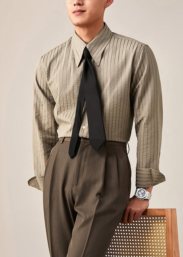Striped Khaki Peter Pan Collar Button Cotton Shirt Men Fall
