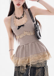 Striped Lace Patchwork Cotton Sleeveless Tank Lace Up