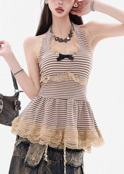 Striped Lace Patchwork Cotton Sleeveless Tank Lace Up