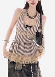 Striped Lace Patchwork Cotton Sleeveless Tank Lace Up