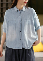 Striped Light Blue Peter Pan Collar Drawstring Cotton Shirt Summer