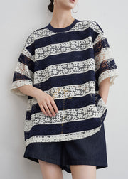 Striped Navy O Neck Hollow Out Lace T Shirts Summer