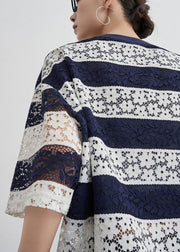 Striped Navy O Neck Hollow Out Lace T Shirts Summer