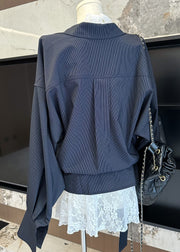 Striped Navy Peter Pan Collar Shirts And Lace Tank Cotton Two Pieces Set Fall