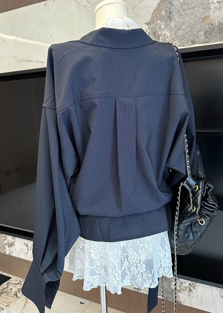 Striped Navy Peter Pan Collar Shirts And Lace Tank Cotton Two Pieces Set Fall