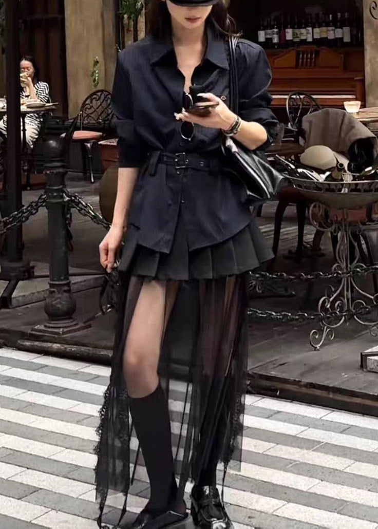 Striped Navy Sashes Shirts And Black Tulle Pleated Skirts Two Pieces Set Fall