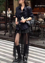 Striped Navy Sashes Shirts And Black Tulle Pleated Skirts Two Pieces Set Fall