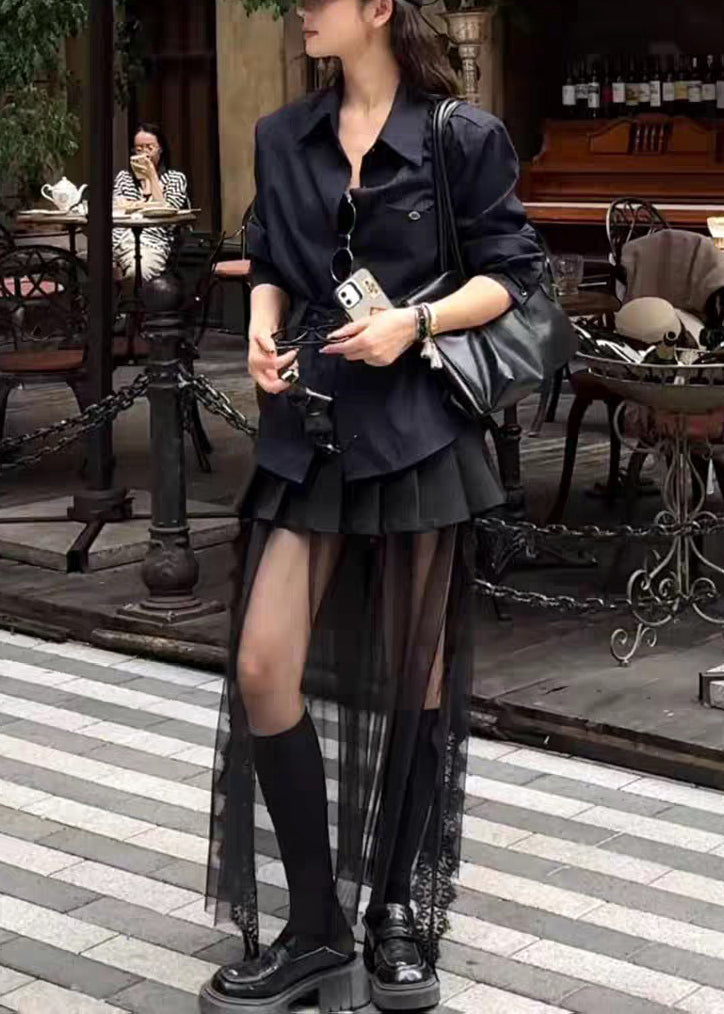Striped Navy Sashes Shirts And Black Tulle Pleated Skirts Two Pieces Set Fall