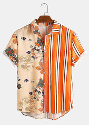 Striped Orange Asymmetrical Print Cotton Mens Shirts Summer