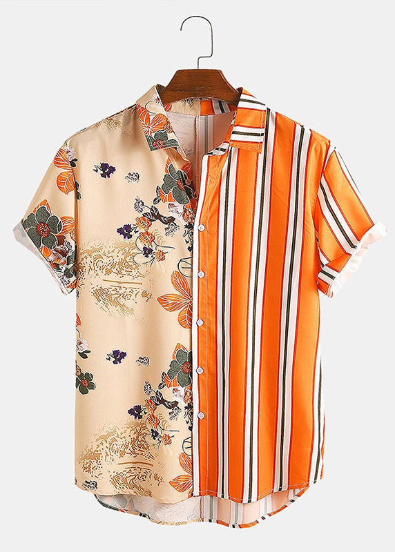 Striped Orange Asymmetrical Print Cotton Mens Shirts Summer