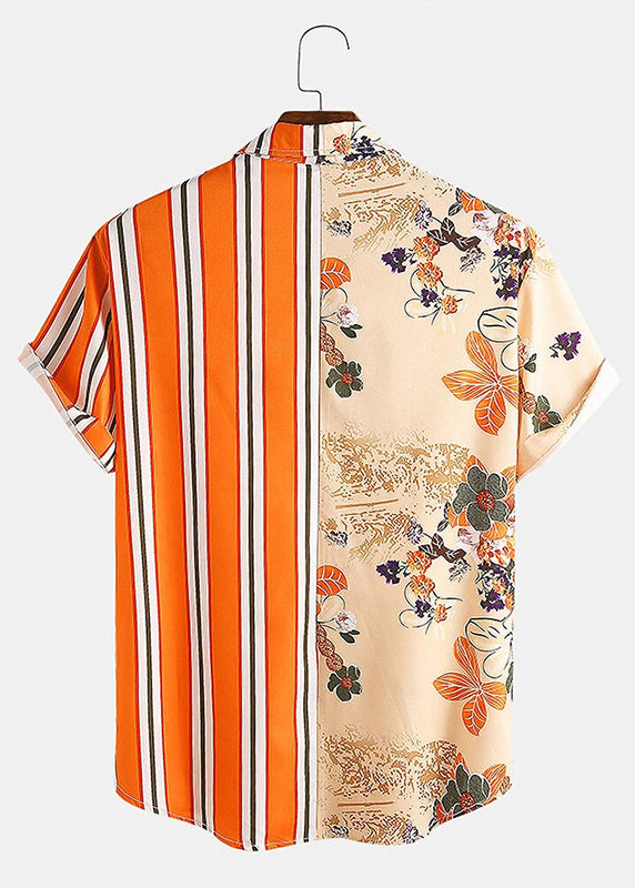 Striped Orange Asymmetrical Print Cotton Mens Shirts Summer