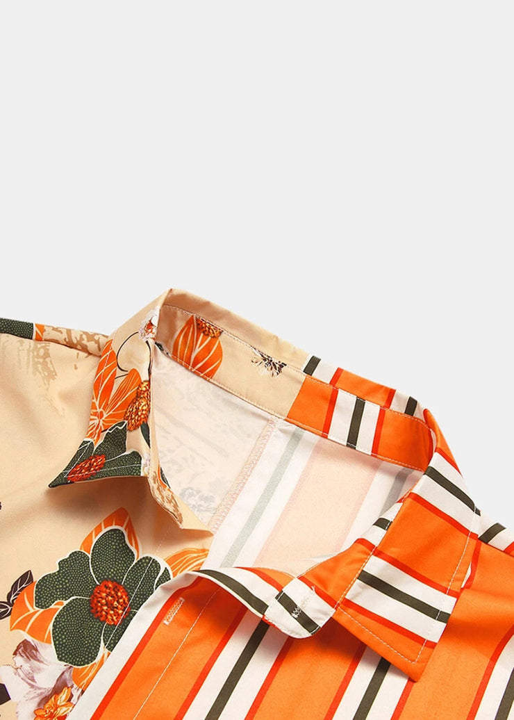 Striped Orange Asymmetrical Print Cotton Mens Shirts Summer