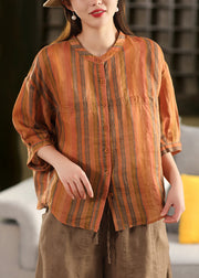 Striped Orange O-Neck Button Linen Blouse Fall