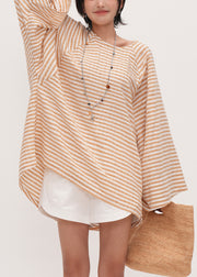 Striped Orange O Neck Oversized Cotton T Shirts Batwing Sleeve
