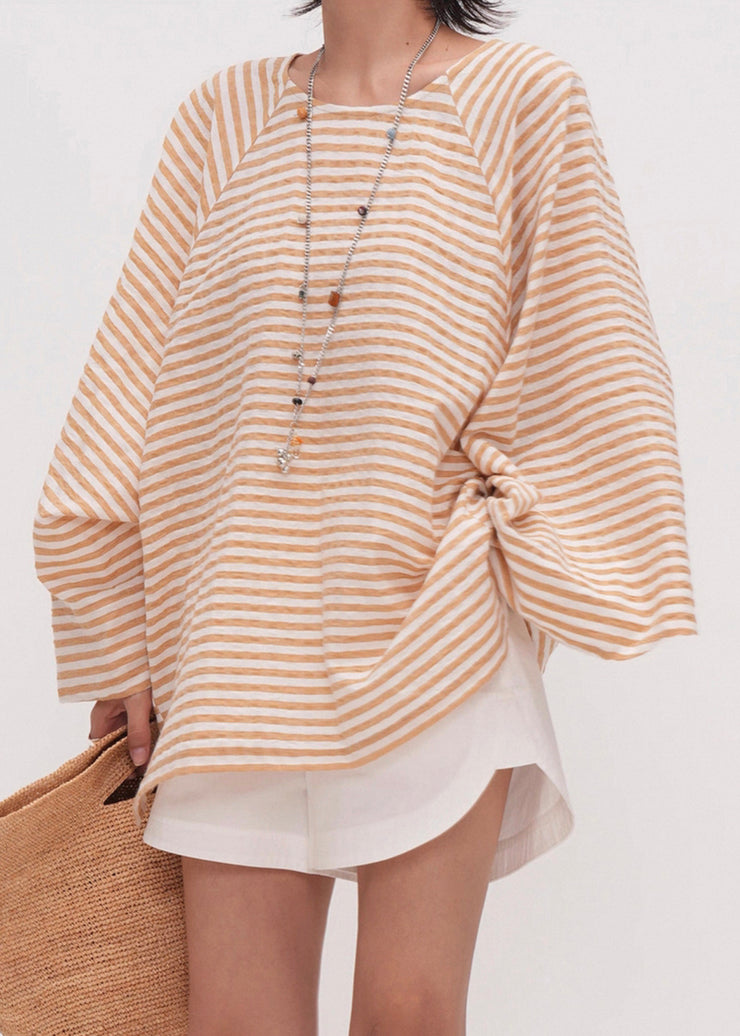 Striped Orange O Neck Oversized Cotton T Shirts Batwing Sleeve
