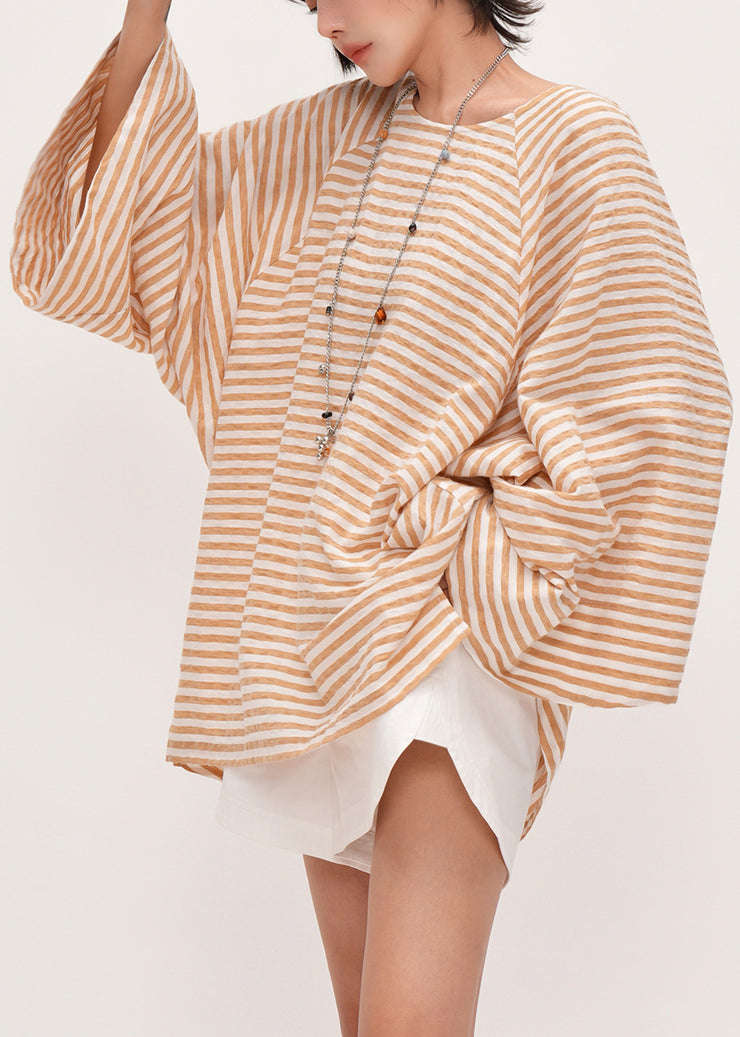 Striped Orange O Neck Oversized Cotton T Shirts Batwing Sleeve