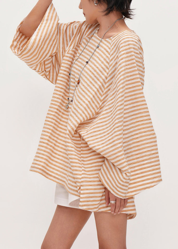 Striped Orange O Neck Oversized Cotton T Shirts Batwing Sleeve