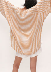 Striped Orange O Neck Oversized Cotton T Shirts Batwing Sleeve