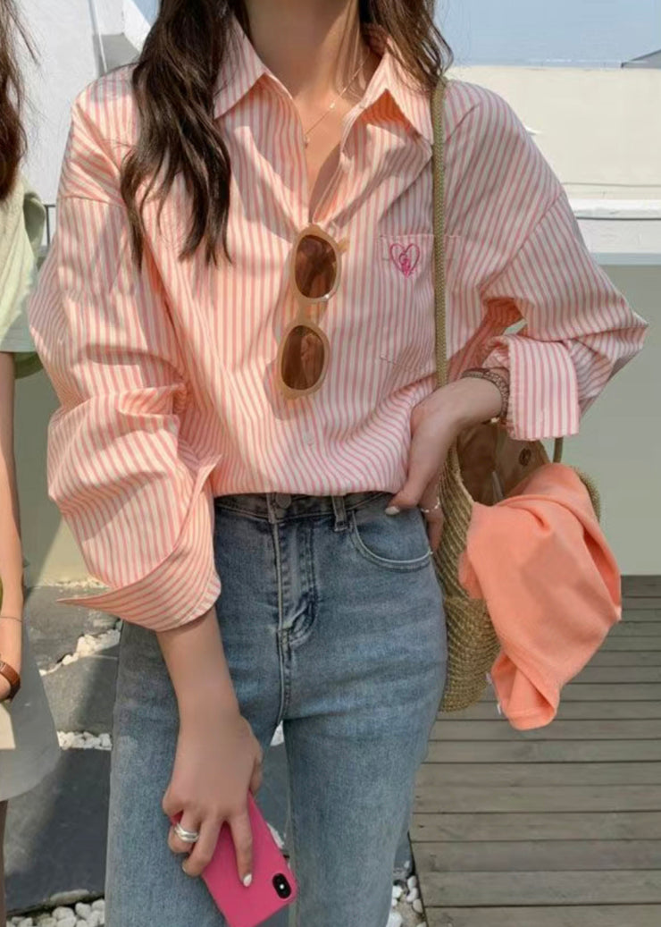 Striped Pink Peter Pan Collar Button Cotton Shirts Fall