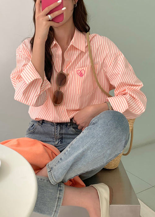 Striped Pink Peter Pan Collar Button Cotton Shirts Fall