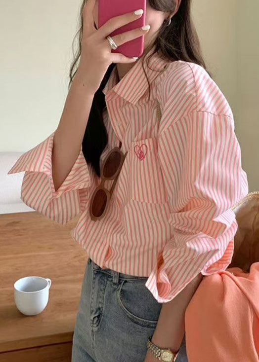 Striped Pink Peter Pan Collar Button Cotton Shirts Fall