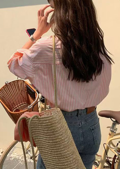Striped Pink Peter Pan Collar Button Cotton Shirts Fall