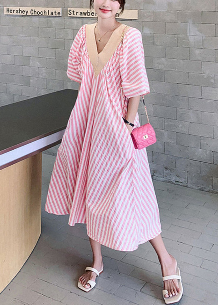 Striped Pink V Neck Pockets Cotton Long Dresses Half Sleeve