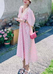 Striped Pink V Neck Pockets Cotton Long Dresses Half Sleeve