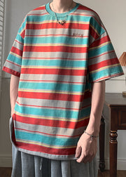 Striped Red O Neck Patchwork Cotton T Shirts Men Half Sleeve