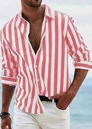Striped Red Peter Pan Collar Button Cotton Men Shirts Fall