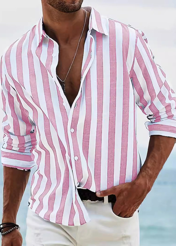 Striped Red Peter Pan Collar Button Cotton Men Shirts Fall