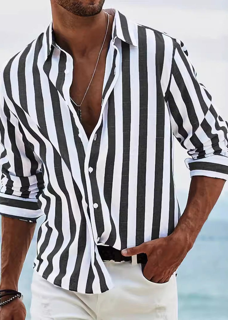 Striped Red Peter Pan Collar Button Cotton Men Shirts Fall