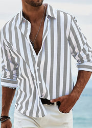 Striped Red Peter Pan Collar Button Cotton Men Shirts Fall
