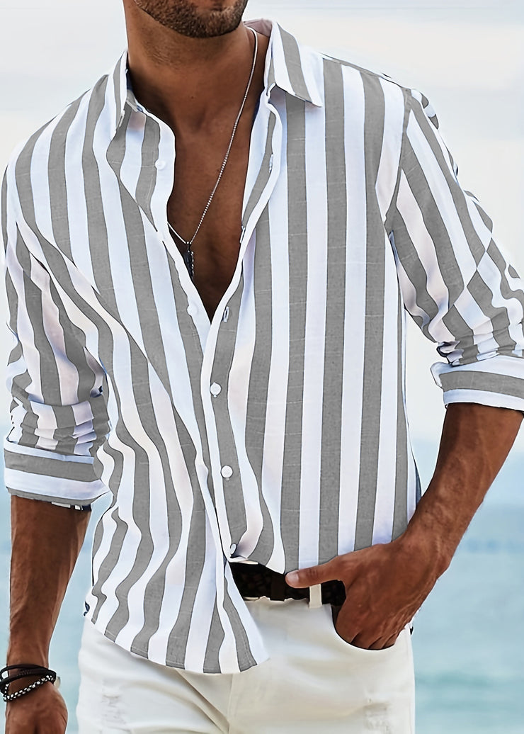 Striped Red Peter Pan Collar Button Cotton Men Shirts Fall