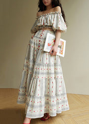 Striped Ruffled Print Tops And Skirts Cotton Two Pieces Set Summer