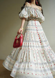 Striped Ruffled Print Tops And Skirts Cotton Two Pieces Set Summer